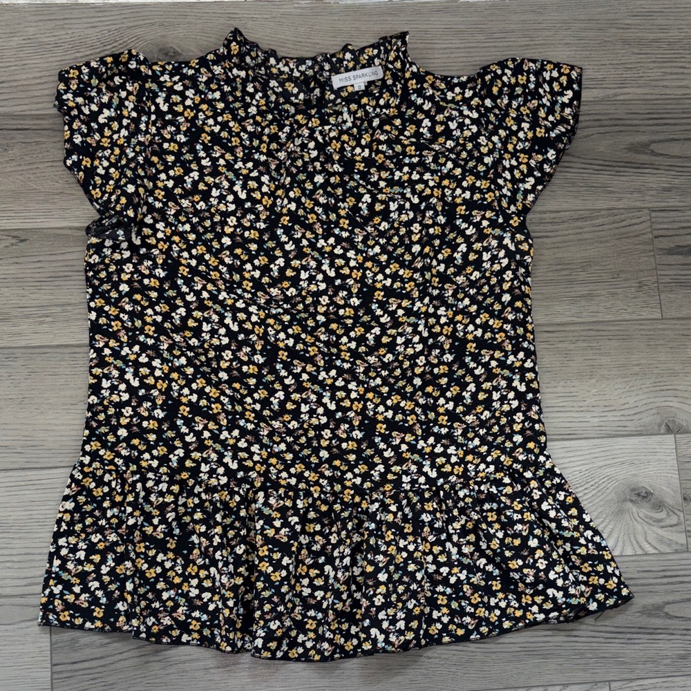Black Floral Ruffle Hem Blouse